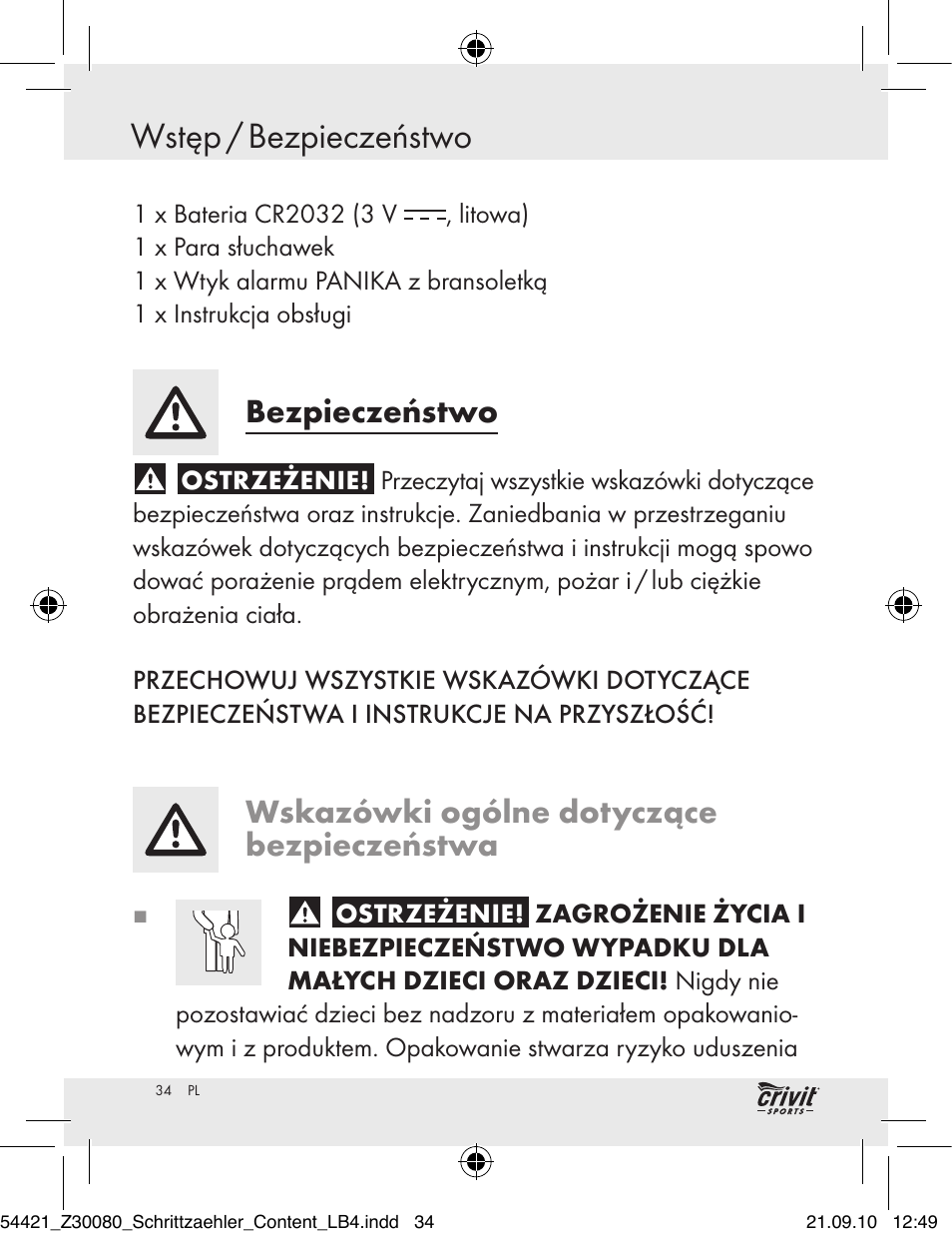 Bezpieczeństwo wstęp / bezpieczeństwo, Bezpieczeństwo, Wskazówki ogólne dotyczące bezpieczeństwa | Crivit Z30080 User Manual | Page 32 / 147