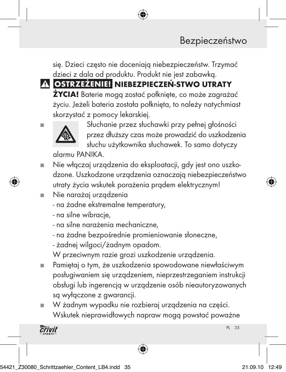 Bezpieczeństwo | Crivit Z30080 User Manual | Page 33 / 147