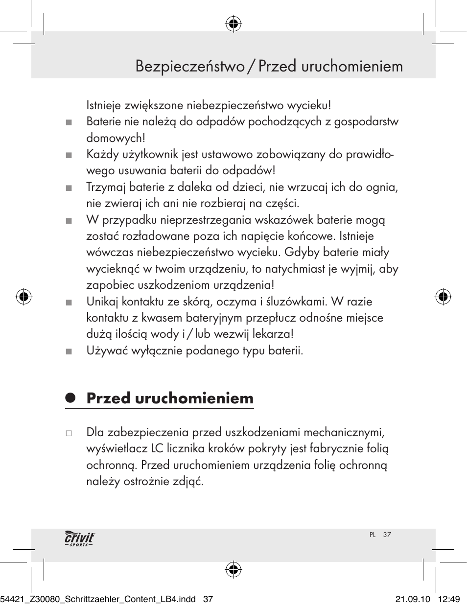 Bezpieczeństwo / przed uruchomieniem, Przed uruchomieniem | Crivit Z30080 User Manual | Page 35 / 147