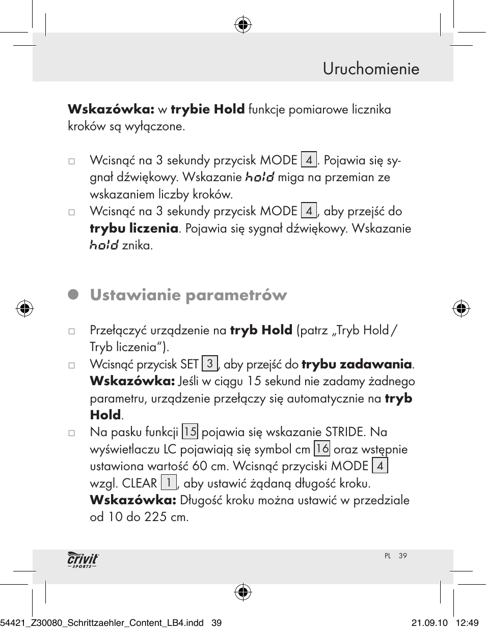 Uruchomienie, Ustawianie parametrów | Crivit Z30080 User Manual | Page 37 / 147