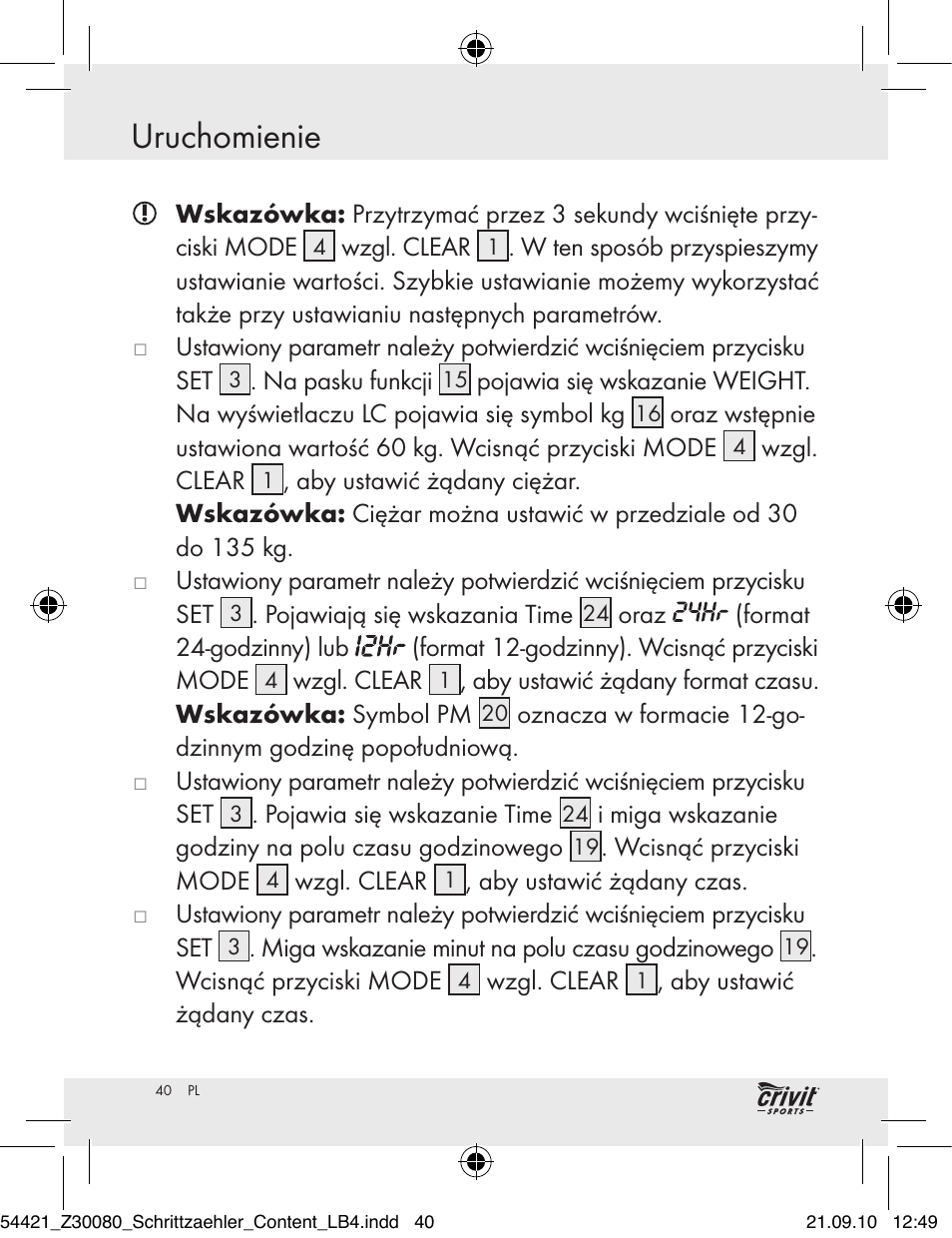 Uruchomienie | Crivit Z30080 User Manual | Page 38 / 147