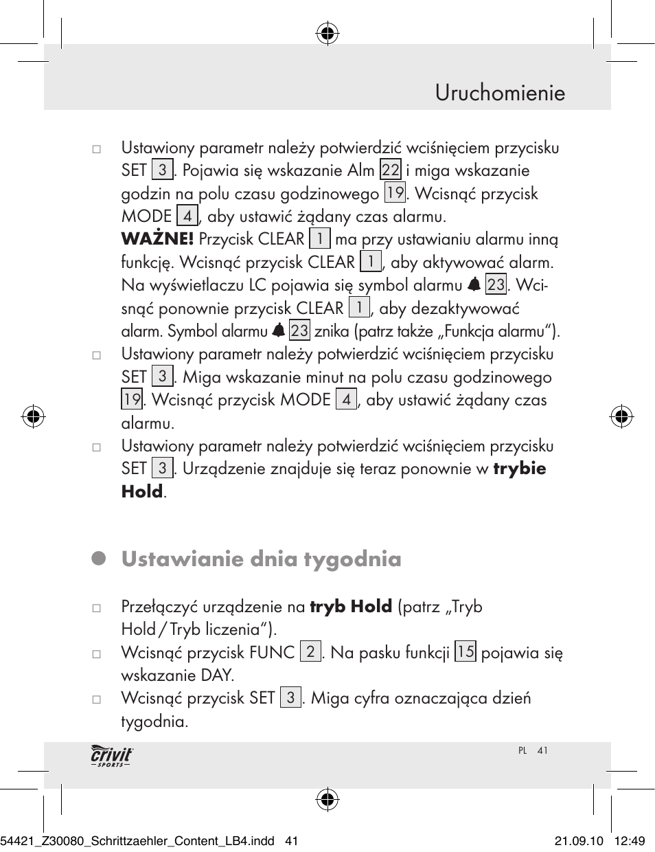Uruchomienie, Ustawianie dnia tygodnia | Crivit Z30080 User Manual | Page 39 / 147