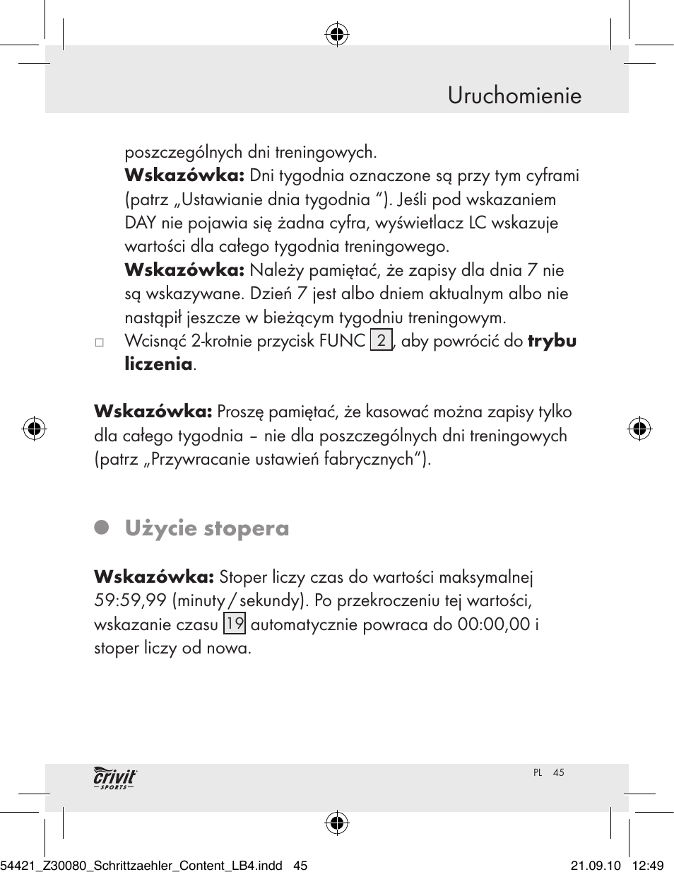 Uruchomienie, Użycie stopera | Crivit Z30080 User Manual | Page 43 / 147