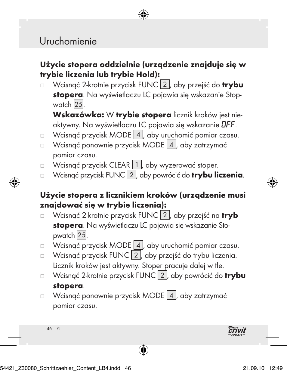 Uruchomienie | Crivit Z30080 User Manual | Page 44 / 147