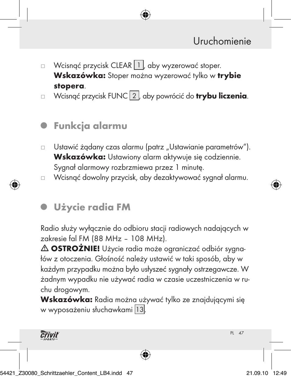 Uruchomienie, Funkcja alarmu, Użycie radia fm | Crivit Z30080 User Manual | Page 45 / 147