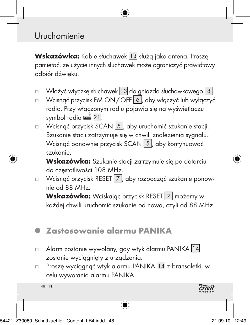 Uruchomienie, Zastosowanie alarmu panika | Crivit Z30080 User Manual | Page 46 / 147