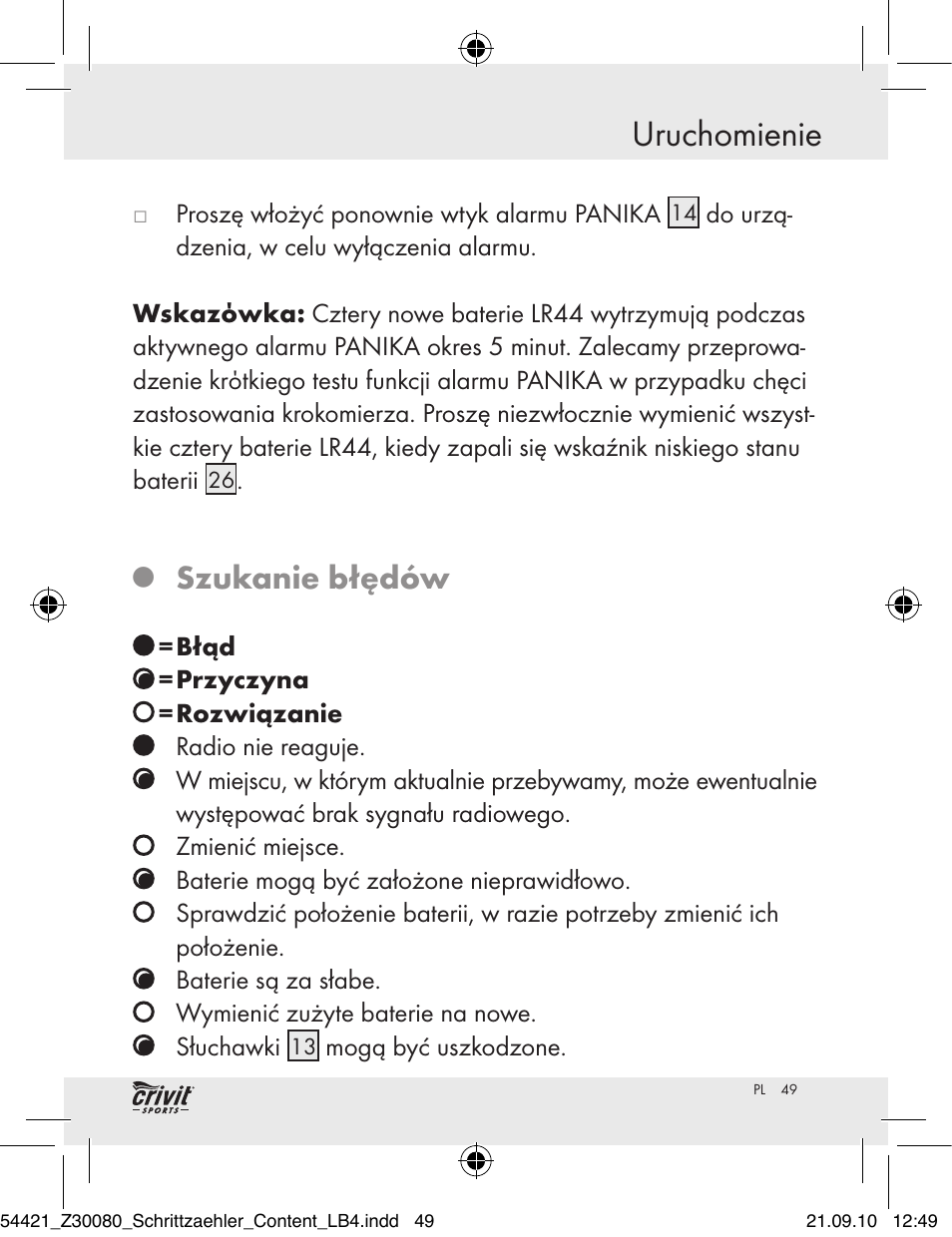 Uruchomienie, Szukanie błędów | Crivit Z30080 User Manual | Page 47 / 147