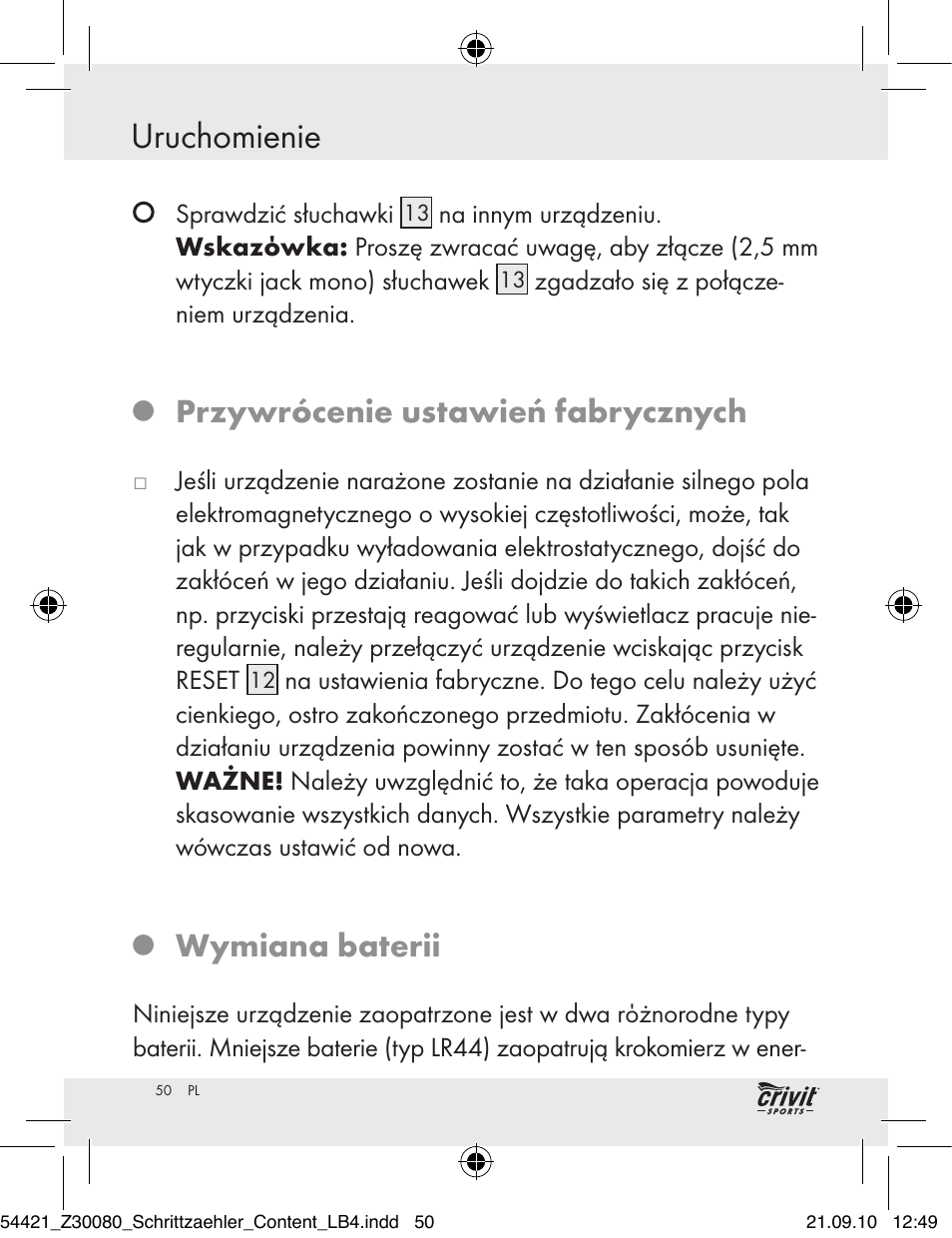 Uruchomienie, Przywrócenie ustawień fabrycznych, Wymiana baterii | Crivit Z30080 User Manual | Page 48 / 147