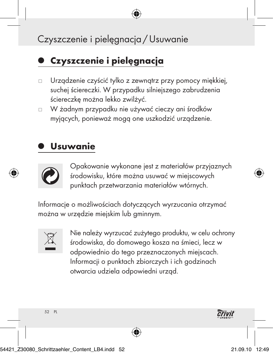 Usuwanie czyszczenie i pielęgnacja / usuwanie, Czyszczenie i pielęgnacja, Usuwanie | Crivit Z30080 User Manual | Page 50 / 147