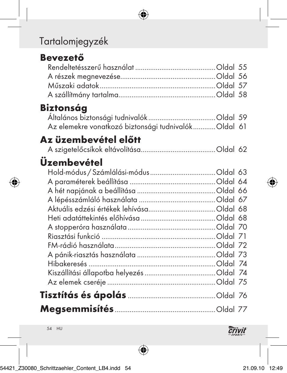 Bevezető tartalomjegyzék, Bevezető, Biztonság | Az üzembevétel előtt, Üzembevétel, Tisztítás és ápolás, Megsemmisítés | Crivit Z30080 User Manual | Page 52 / 147