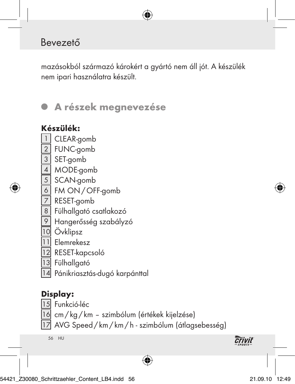 Bevezető, A részek megnevezése | Crivit Z30080 User Manual | Page 54 / 147
