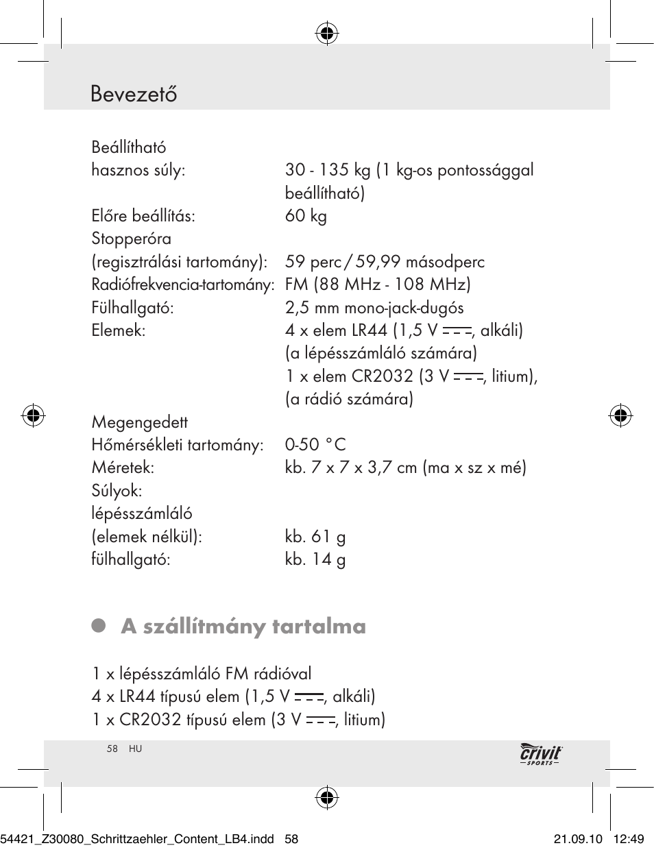 Bevezető / biztonság bevezető, A szállítmány tartalma | Crivit Z30080 User Manual | Page 56 / 147