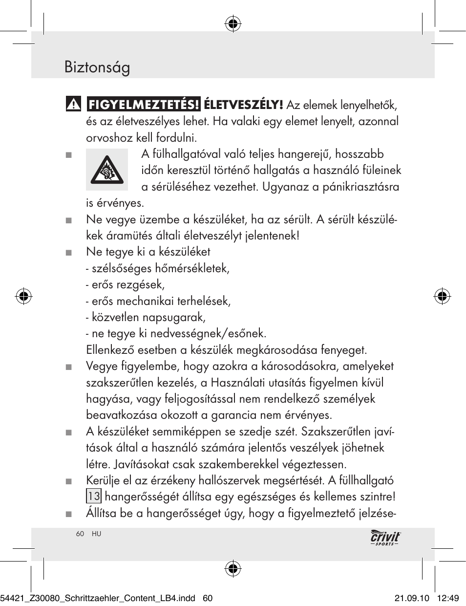 Biztonság | Crivit Z30080 User Manual | Page 58 / 147