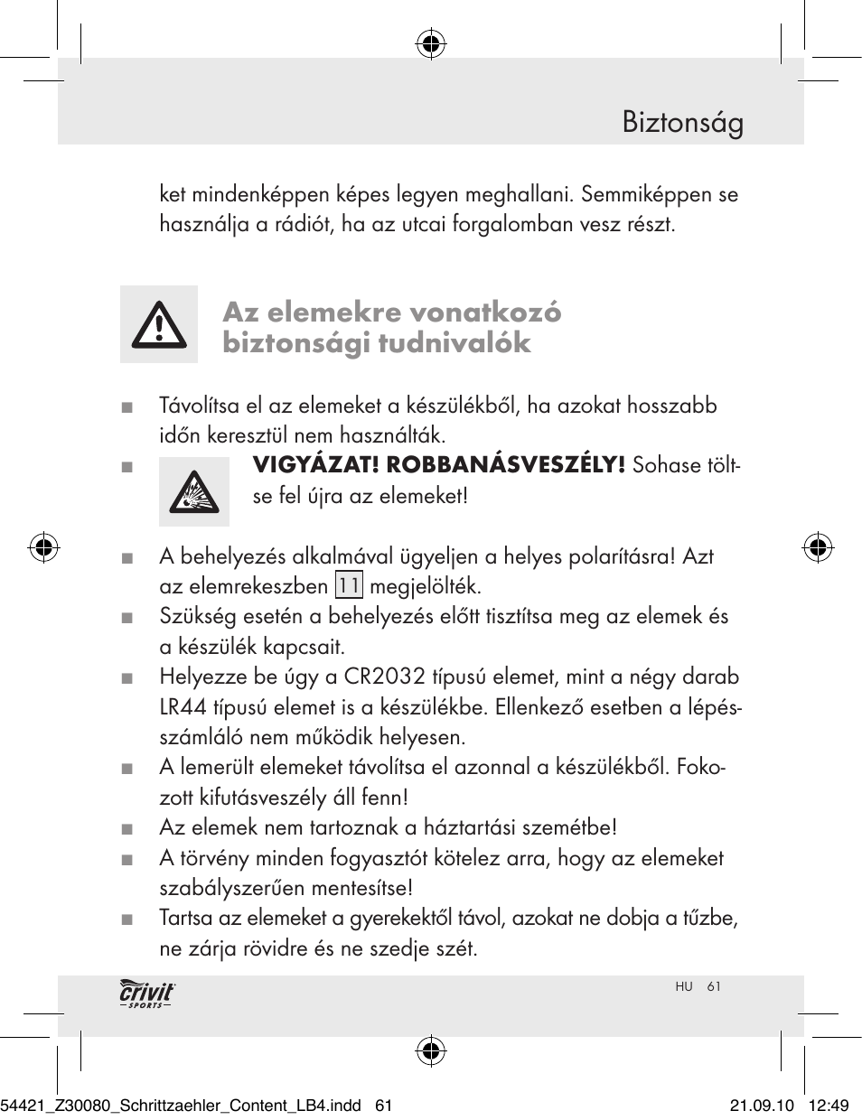 Biztonság, Az elemekre vonatkozó biztonsági tudnivalók | Crivit Z30080 User Manual | Page 59 / 147