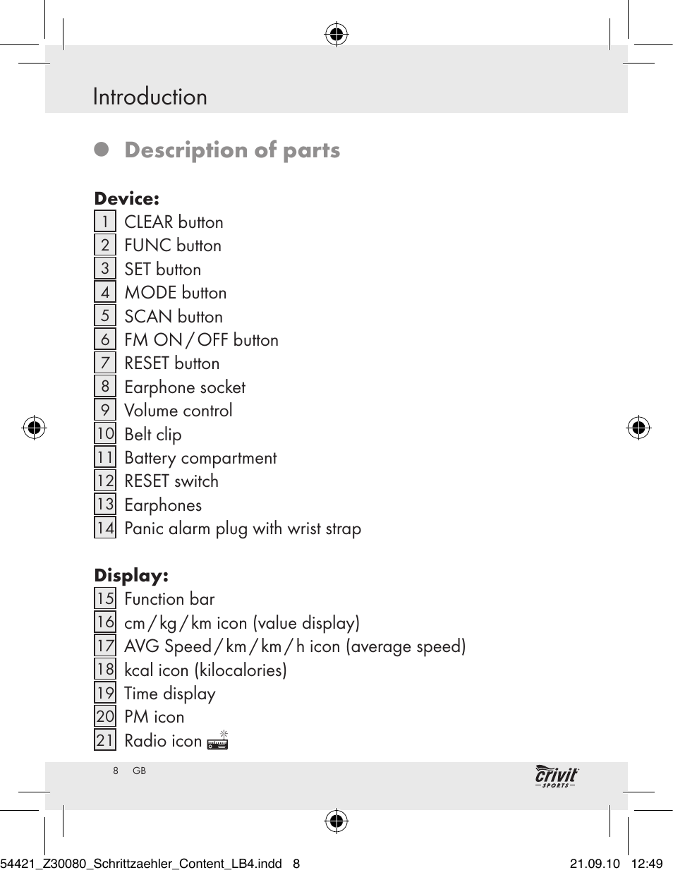 Introduction, Description of parts | Crivit Z30080 User Manual | Page 6 / 147