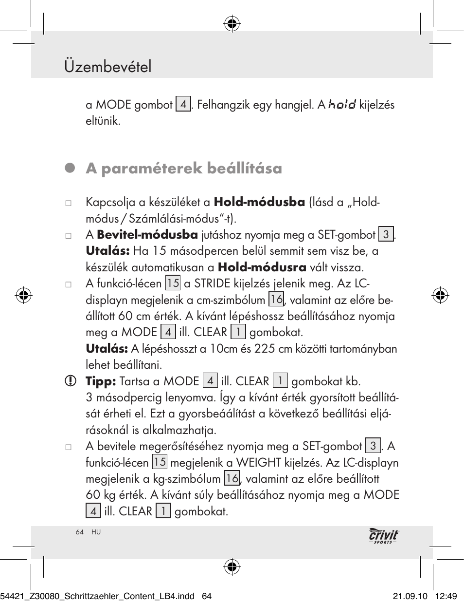 Üzembevétel, A paraméterek beállítása | Crivit Z30080 User Manual | Page 62 / 147