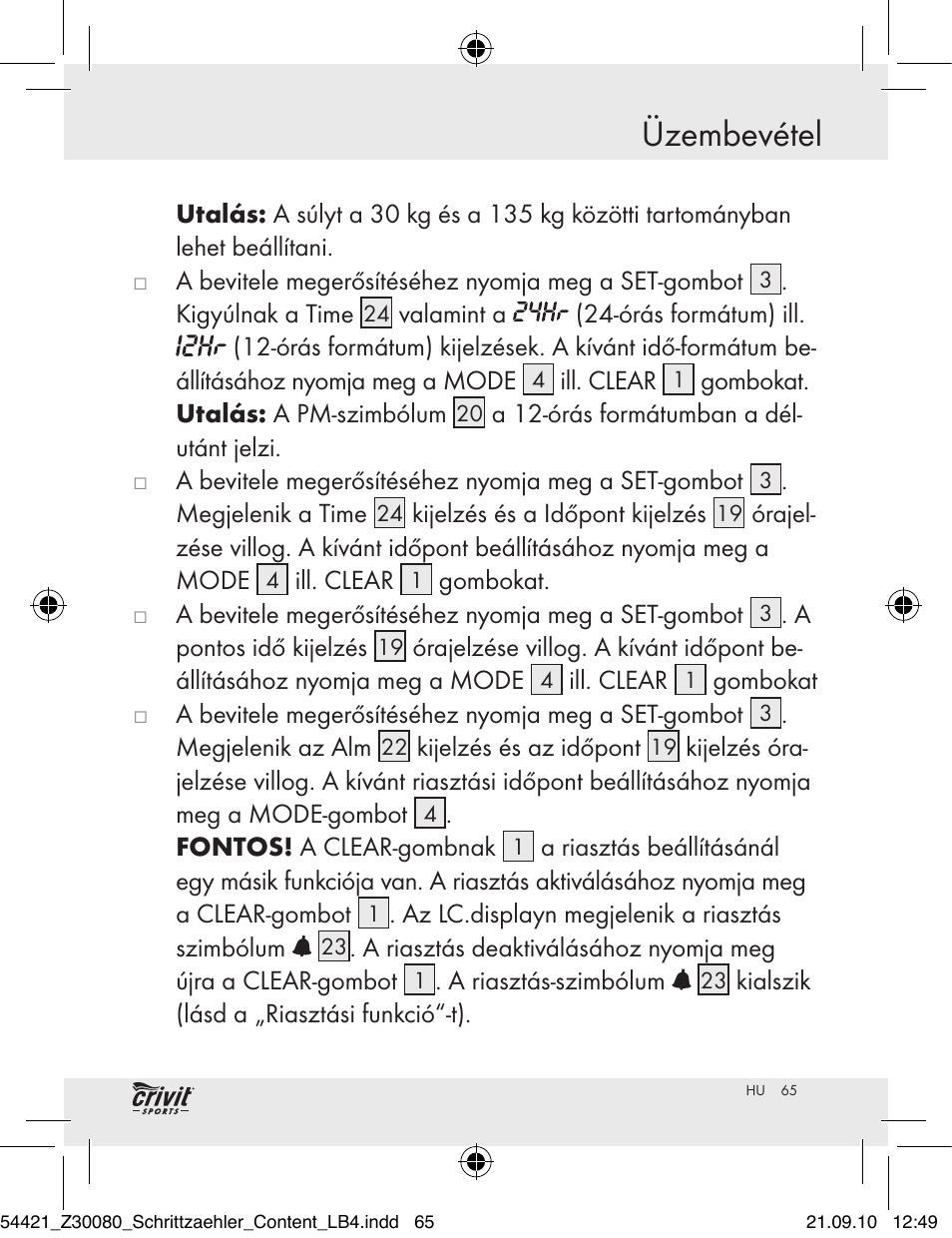 Üzembevétel | Crivit Z30080 User Manual | Page 63 / 147