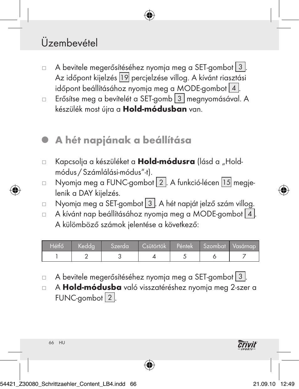 Üzembevétel, A hét napjának a beállítása | Crivit Z30080 User Manual | Page 64 / 147