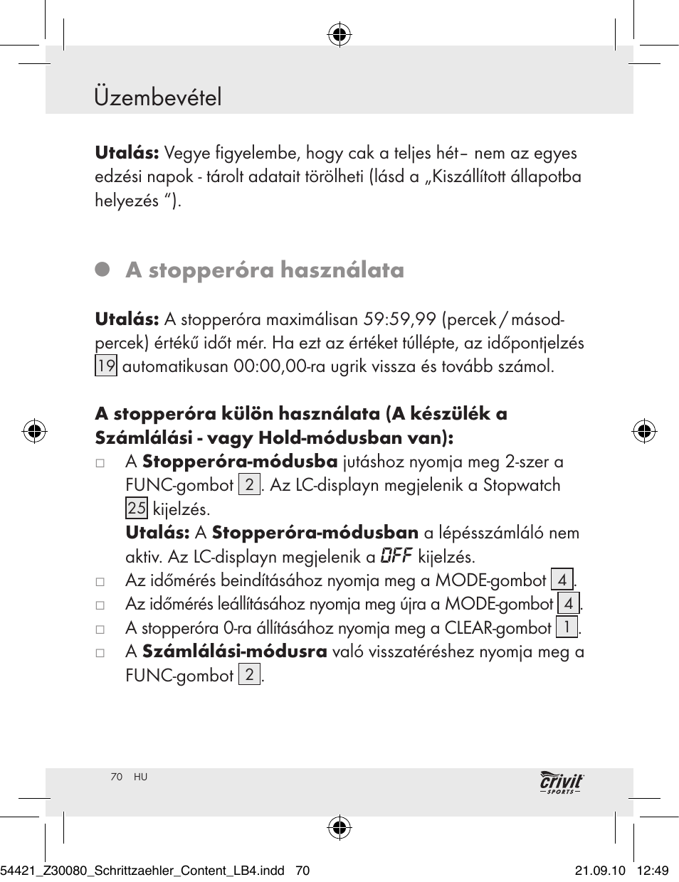 Üzembevétel, A stopperóra használata | Crivit Z30080 User Manual | Page 68 / 147