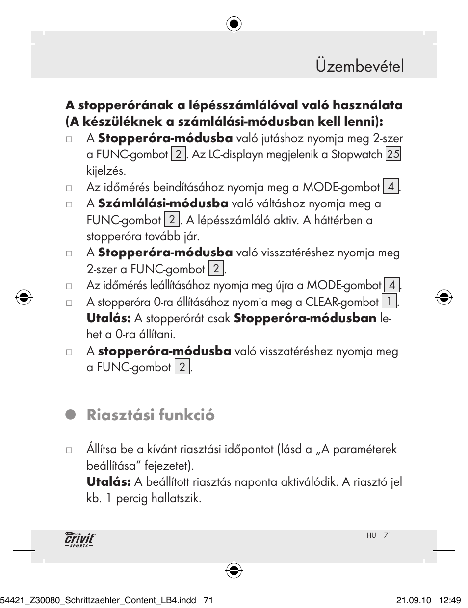 Üzembevétel, Riasztási funkció | Crivit Z30080 User Manual | Page 69 / 147