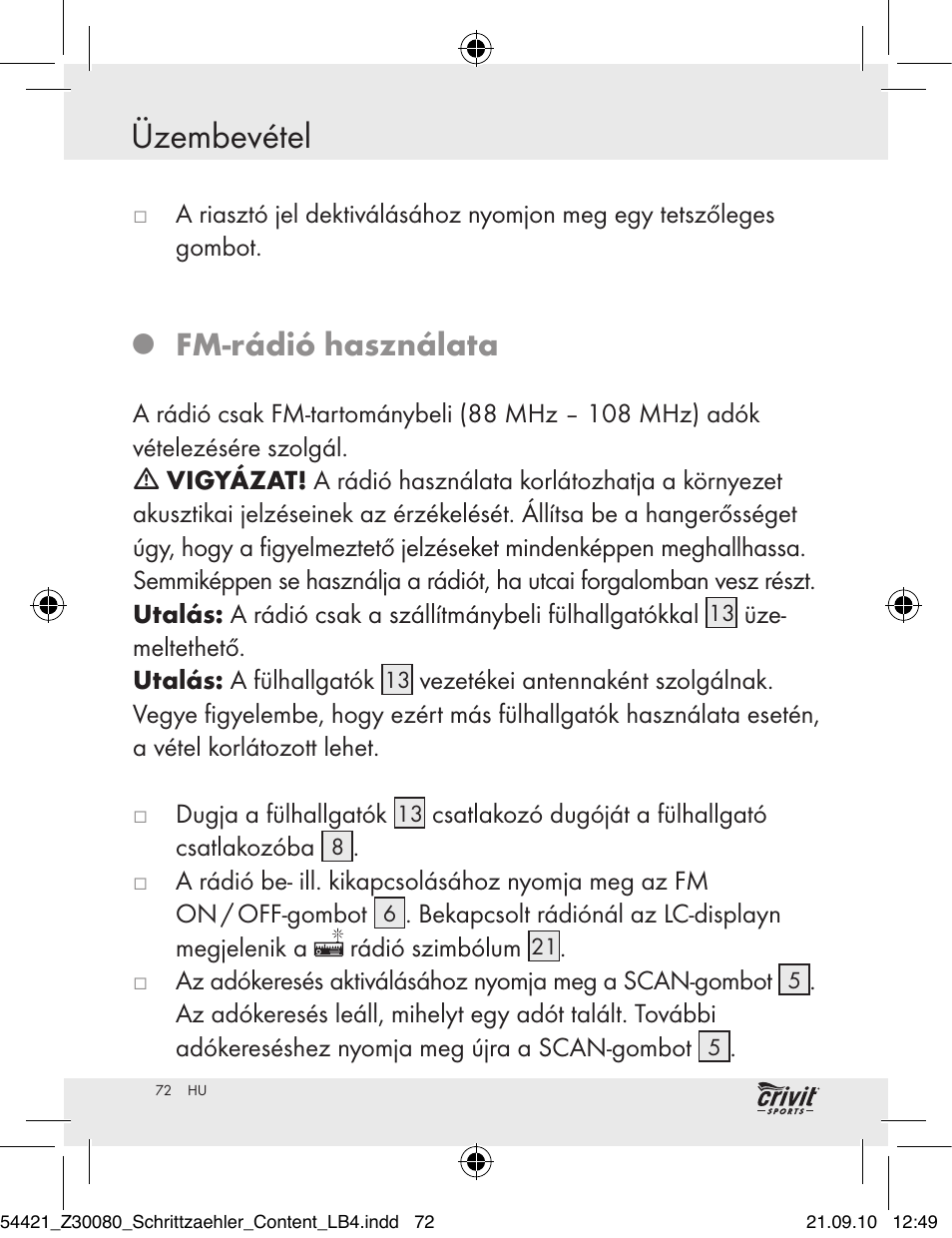 Üzembevétel, Fm-rádió használata | Crivit Z30080 User Manual | Page 70 / 147