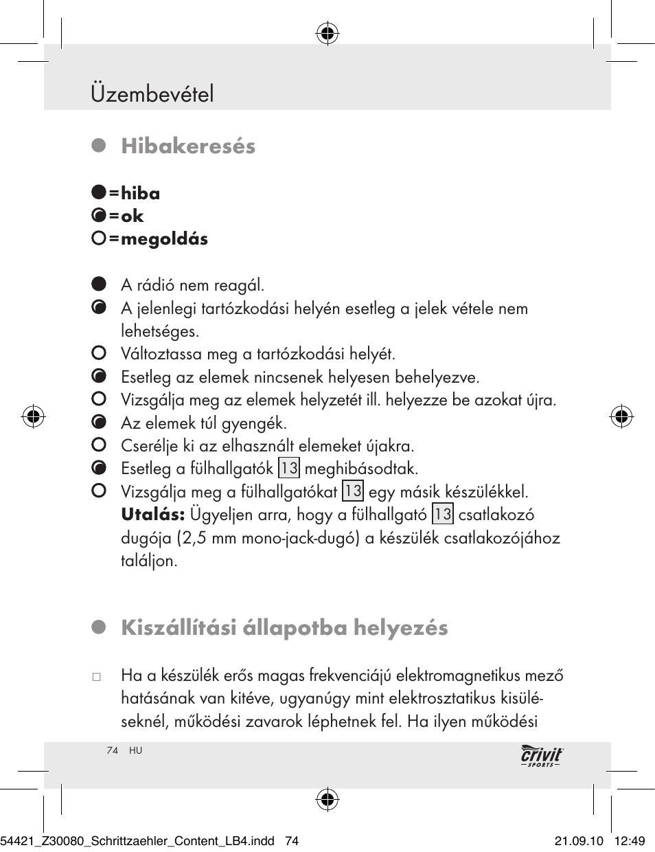 Üzembevétel, Hibakeresés, Kiszállítási állapotba helyezés | Crivit Z30080 User Manual | Page 72 / 147