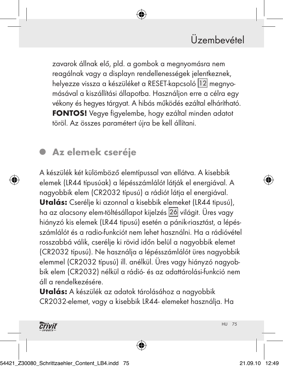 Üzembevétel, Az elemek cseréje | Crivit Z30080 User Manual | Page 73 / 147