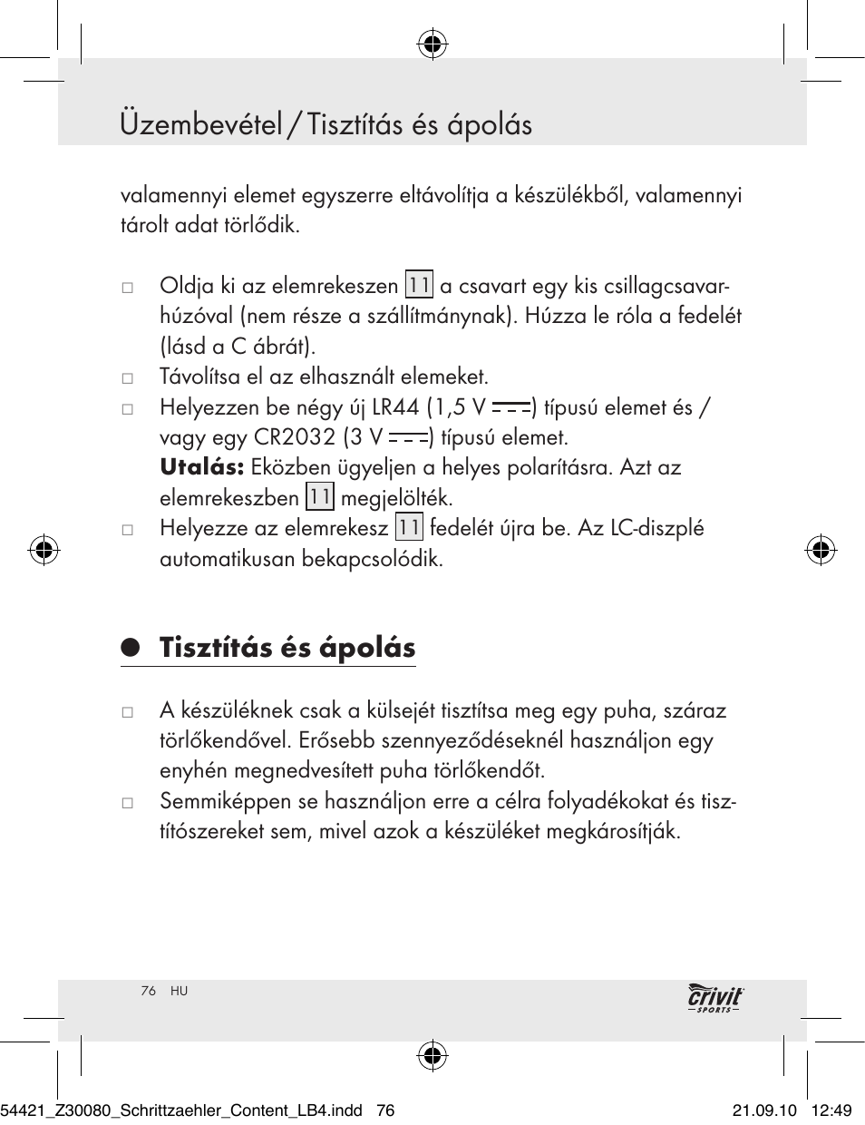 Megsemmisítés üzembevétel / tisztítás és ápolás, Tisztítás és ápolás | Crivit Z30080 User Manual | Page 74 / 147