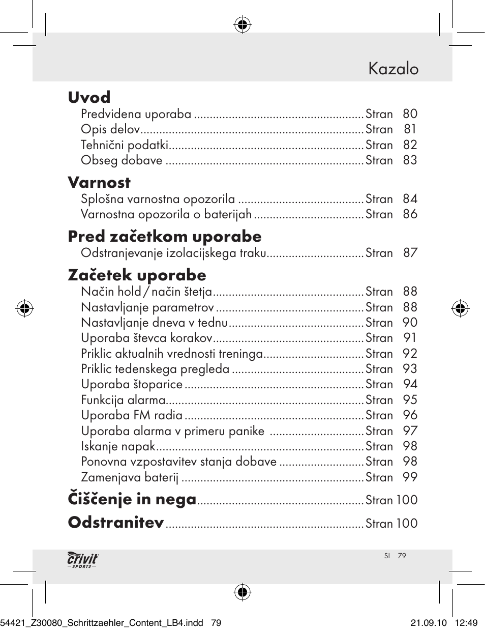 Kazalo, Uvod, Varnost | Pred začetkom uporabe, Začetek uporabe, Čiščenje in nega, Odstranitev | Crivit Z30080 User Manual | Page 77 / 147