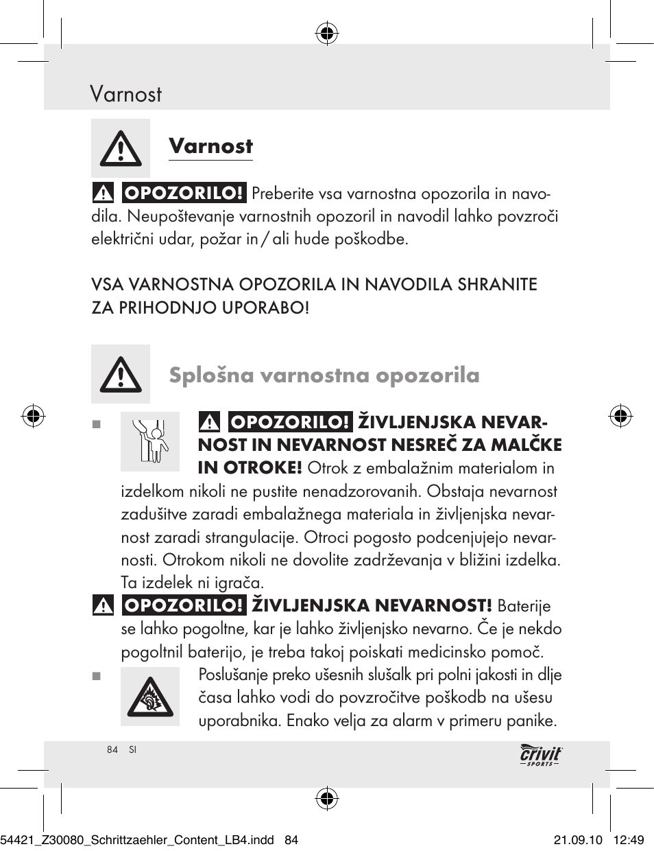 Varnost, Splošna varnostna opozorila | Crivit Z30080 User Manual | Page 82 / 147