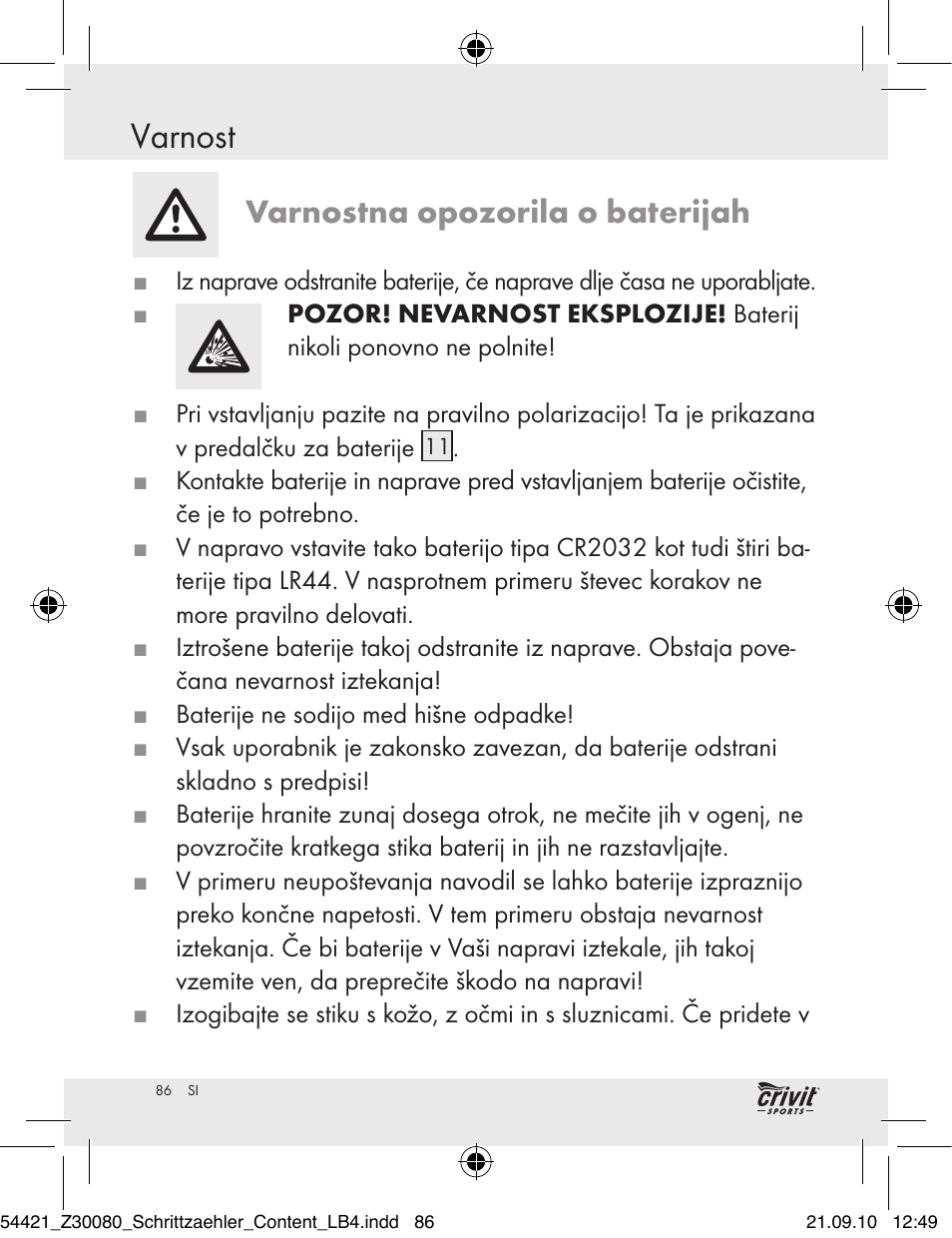 Varnost, Varnostna opozorila o baterijah | Crivit Z30080 User Manual | Page 84 / 147