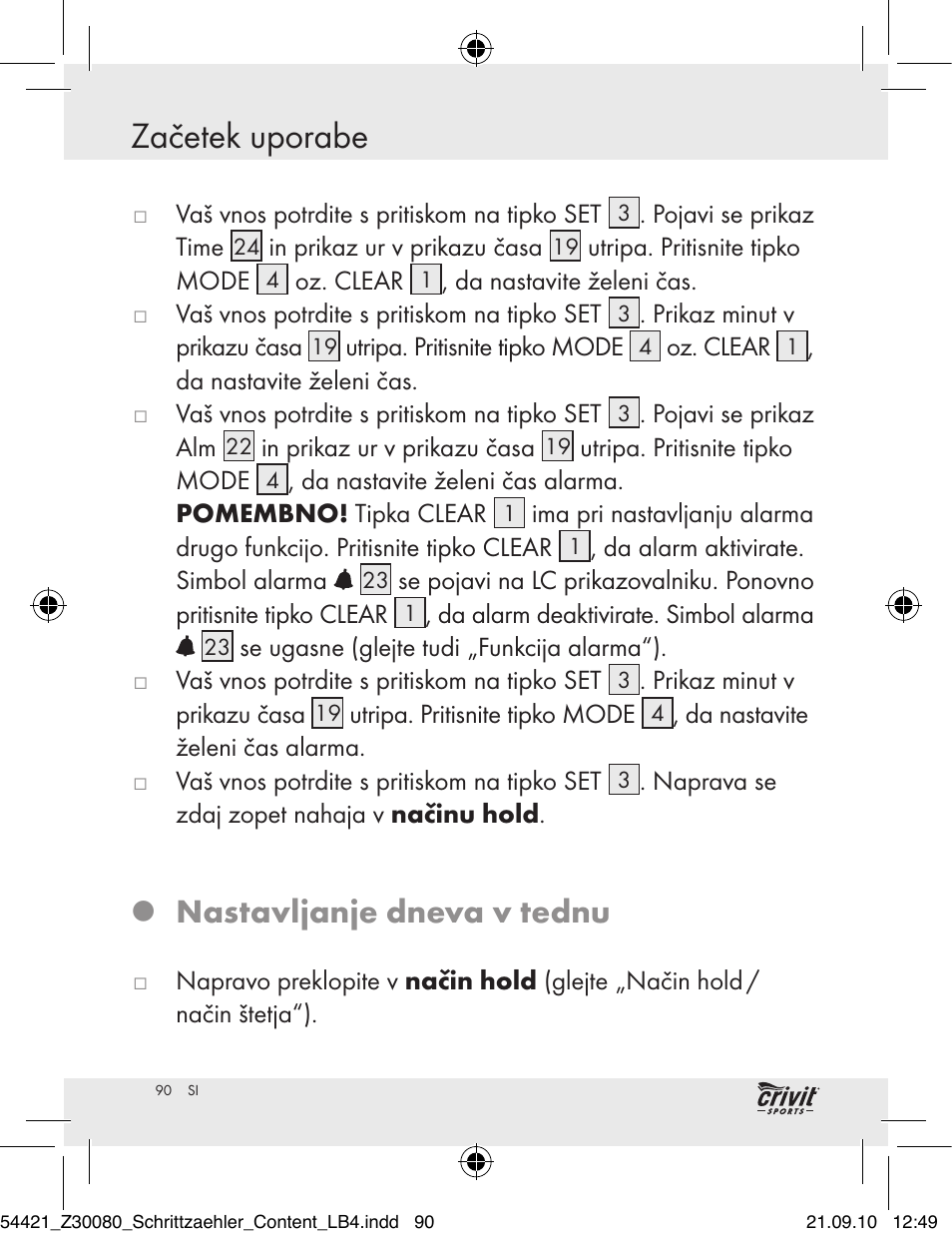 Začetek uporabe, Nastavljanje dneva v tednu | Crivit Z30080 User Manual | Page 88 / 147