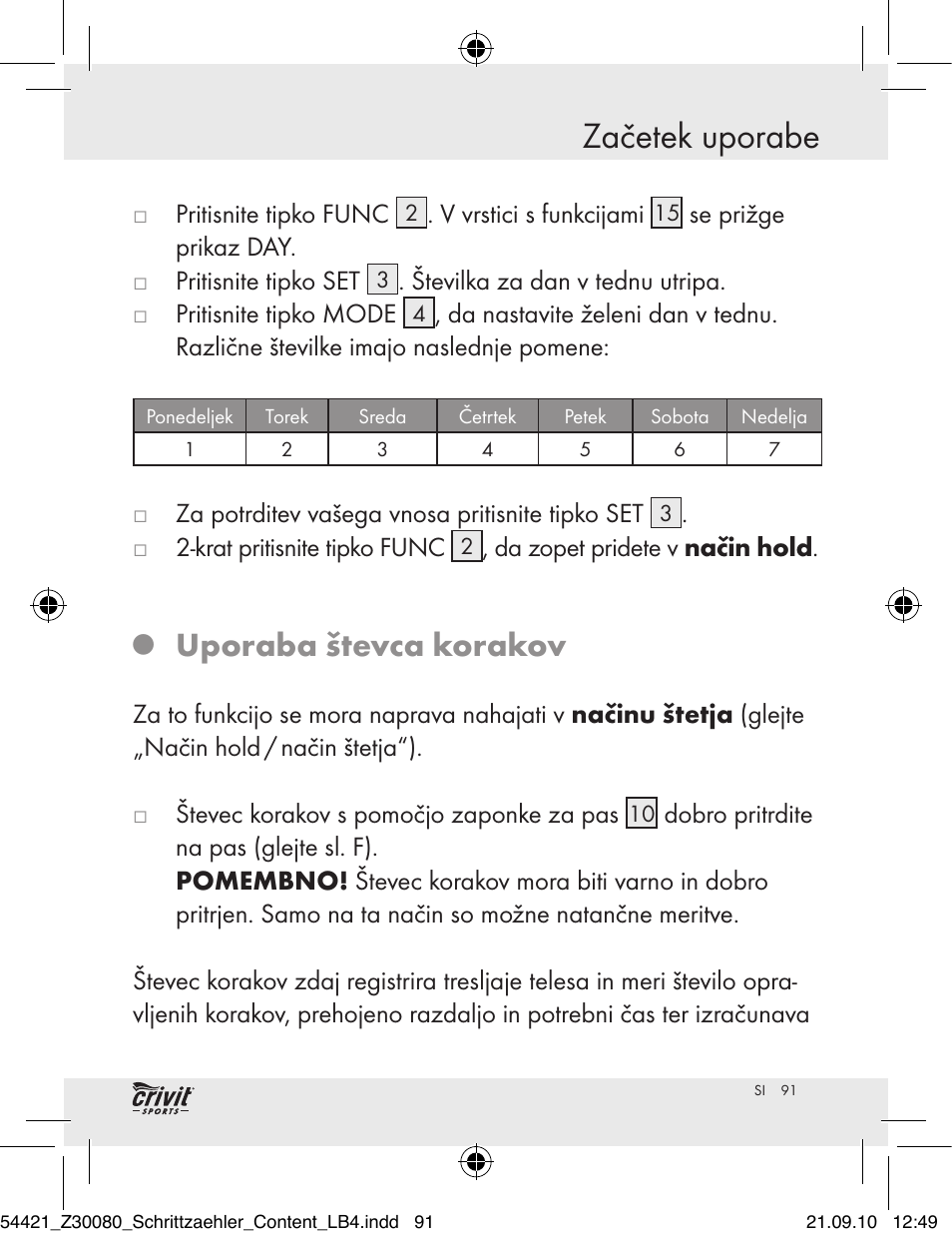 Začetek uporabe, Uporaba števca korakov | Crivit Z30080 User Manual | Page 89 / 147