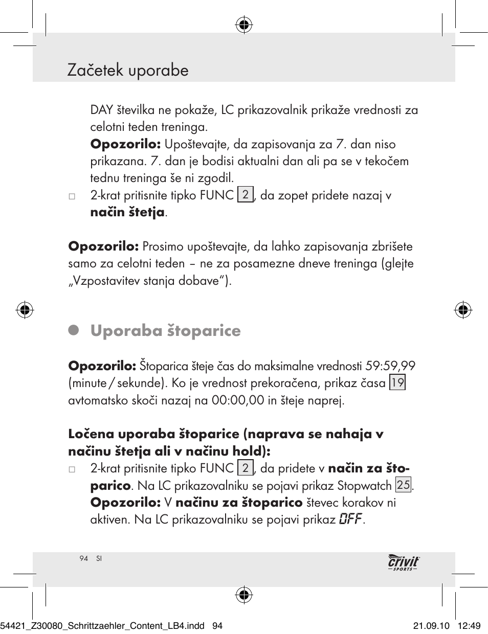 Začetek uporabe, Uporaba štoparice | Crivit Z30080 User Manual | Page 92 / 147