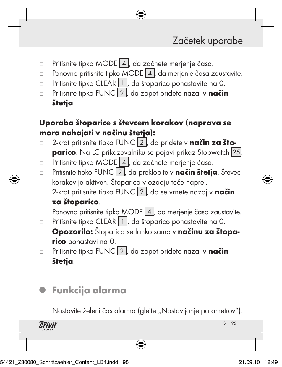 Začetek uporabe, Funkcija alarma | Crivit Z30080 User Manual | Page 93 / 147