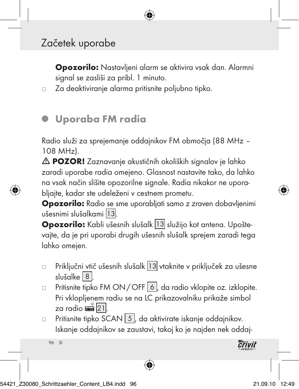 Začetek uporabe, Uporaba fm radia | Crivit Z30080 User Manual | Page 94 / 147