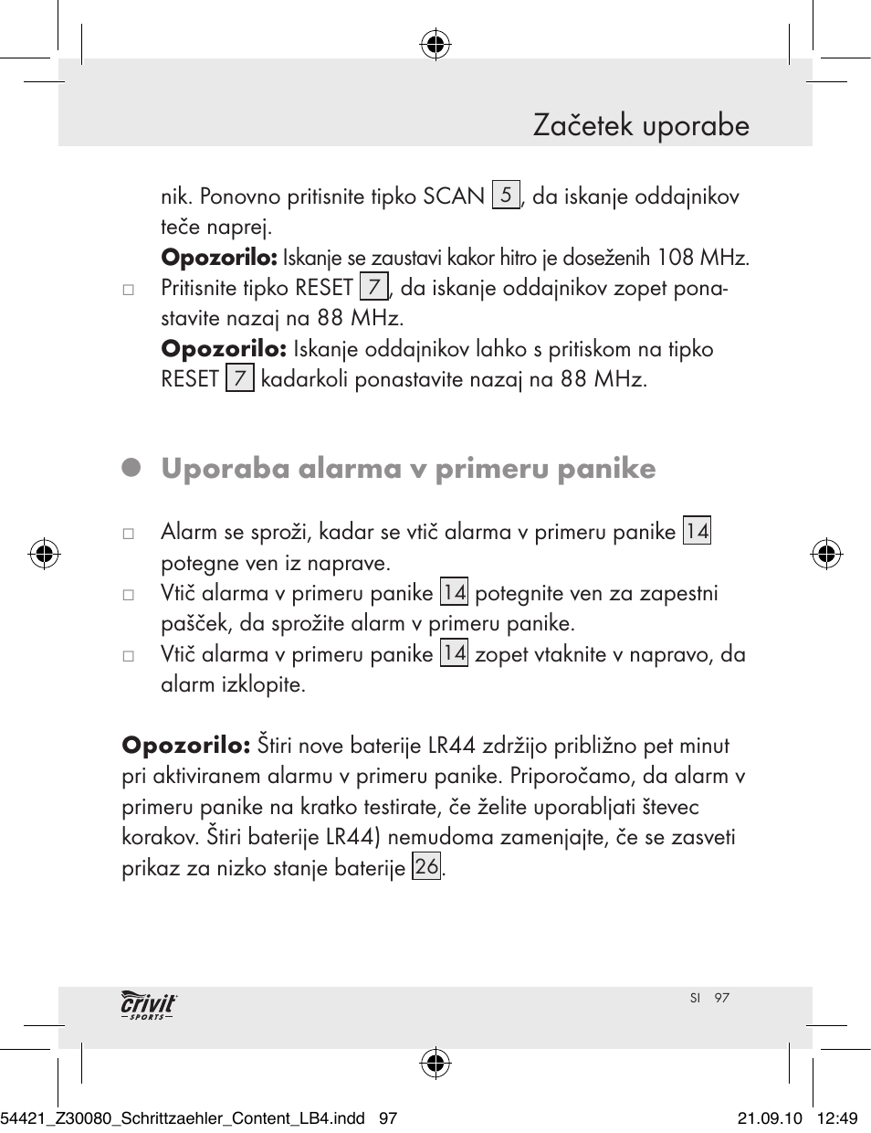 Začetek uporabe, Uporaba alarma v primeru panike | Crivit Z30080 User Manual | Page 95 / 147