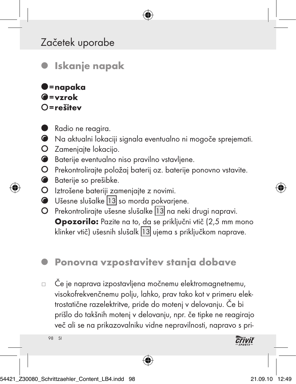 Začetek uporabe, Iskanje napak, Ponovna vzpostavitev stanja dobave | Crivit Z30080 User Manual | Page 96 / 147