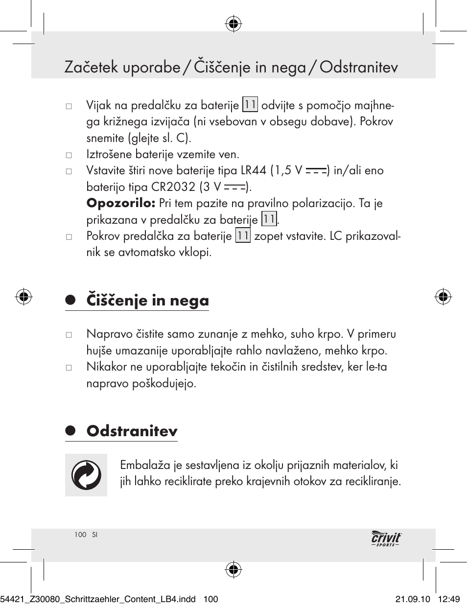 Čiščenje in nega, Odstranitev | Crivit Z30080 User Manual | Page 98 / 147
