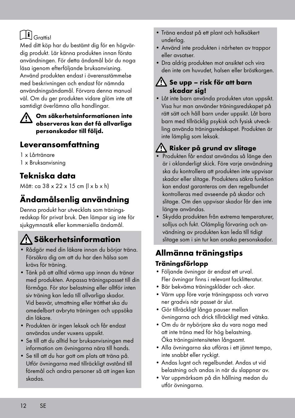 Leveransomfattning, Tekniska data, Ändamålsenlig användning | Säkerhetsinformation, Allmänna träningstips | Crivit OT-2007 User Manual | Page 12 / 32