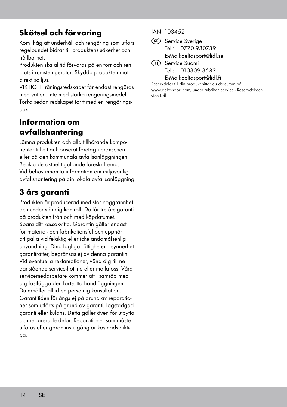 Skötsel och förvaring, Information om avfallshantering, 3 års garanti | Crivit OT-2007 User Manual | Page 14 / 32