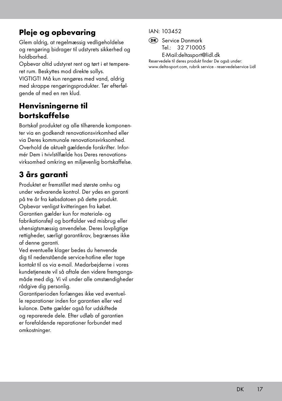 Pleje og opbevaring, Henvisningerne til bortskaffelse, 3 års garanti | Crivit OT-2007 User Manual | Page 17 / 32
