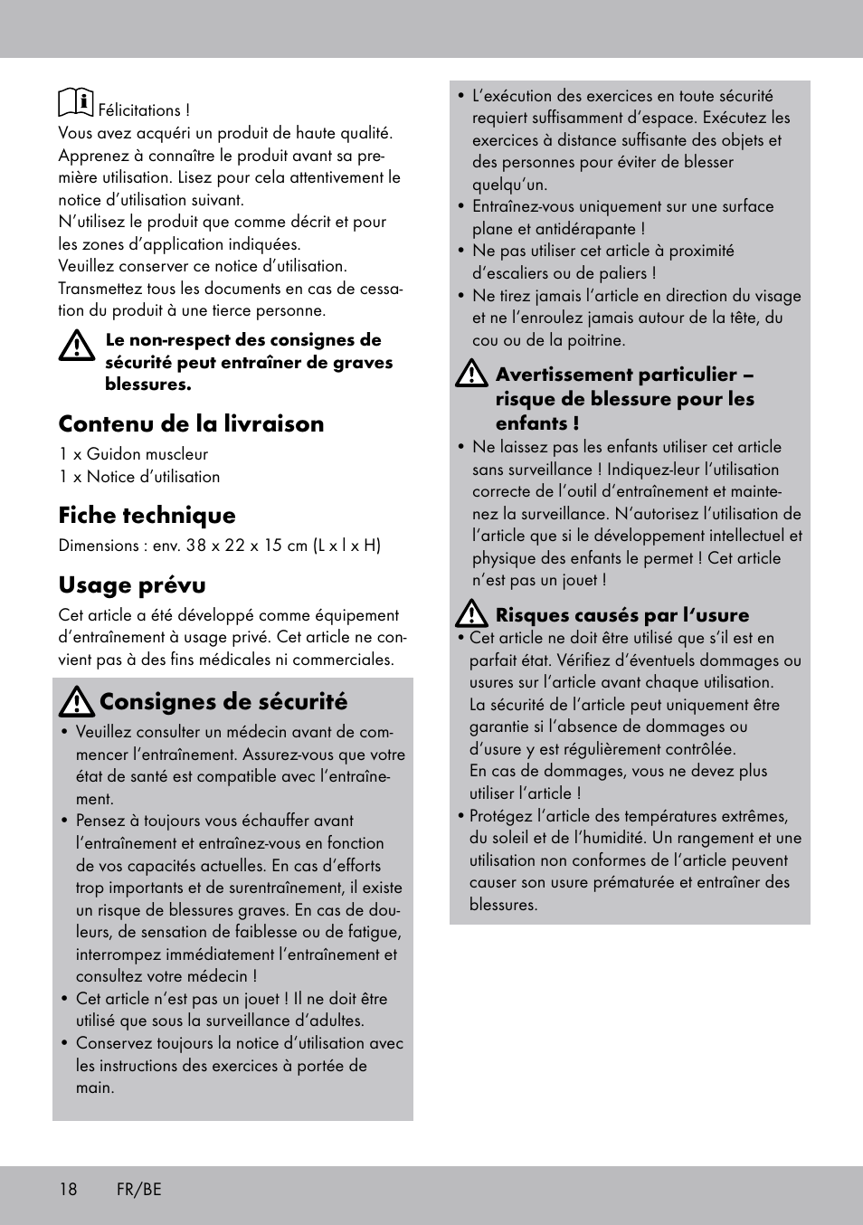 Contenu de la livraison, Fiche technique, Usage prévu | Consignes de sécurité | Crivit OT-2007 User Manual | Page 18 / 32
