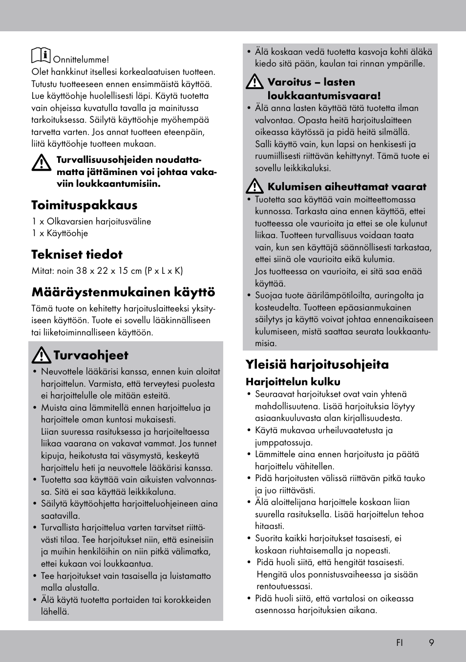 Toimituspakkaus, Tekniset tiedot, Määräystenmukainen käyttö | Turvaohjeet, Yleisiä harjoitusohjeita | Crivit OT-2007 User Manual | Page 9 / 32