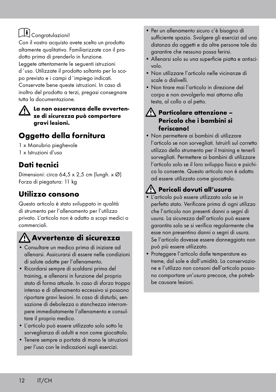 Oggetto della fornitura, Dati tecnici, Utilizzo consono | Avvertenze di sicurezza | Crivit FH-2006 User Manual | Page 12 / 20