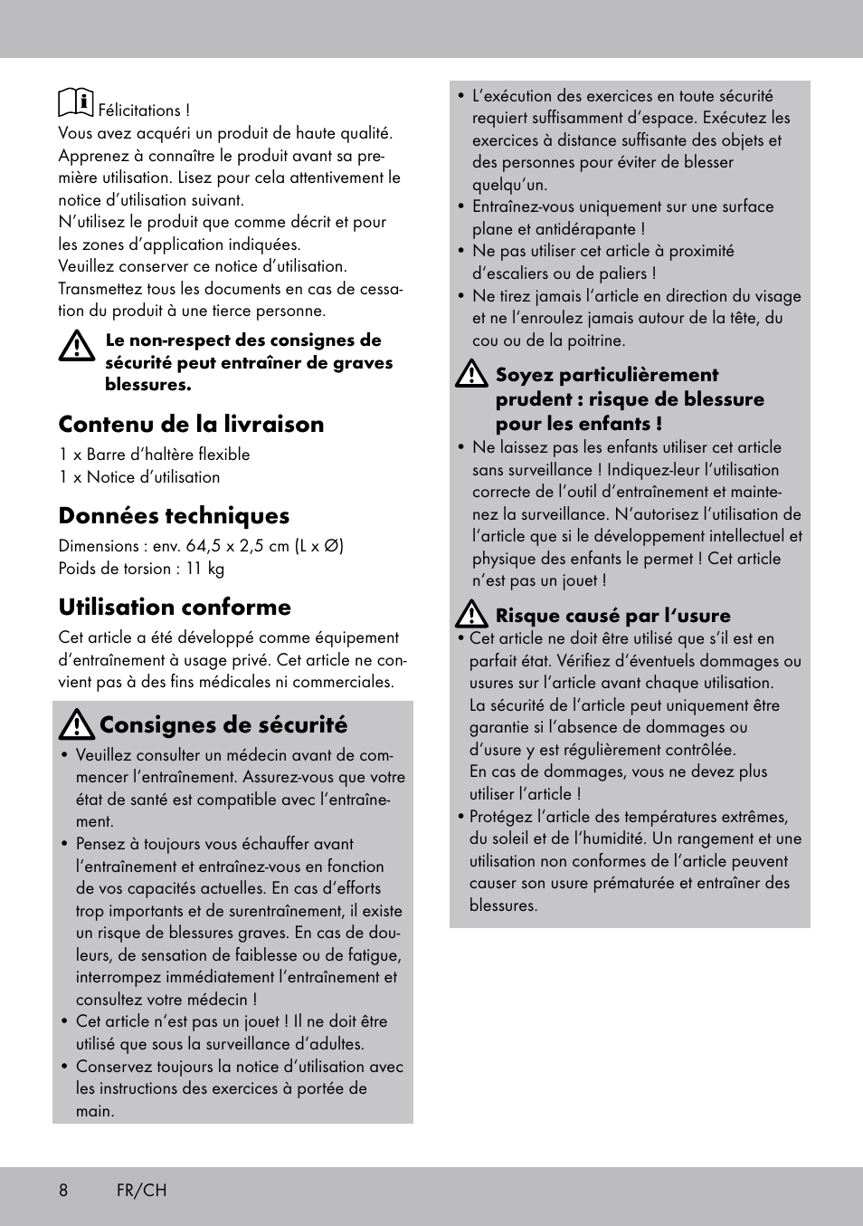 Contenu de la livraison, Données techniques, Utilisation conforme | Consignes de sécurité | Crivit FH-2006 User Manual | Page 8 / 20