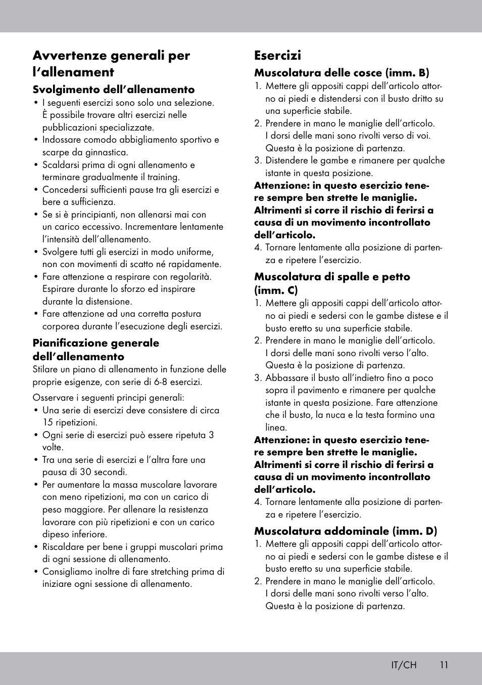 Avvertenze generali per l‘allenament, Esercizi | Crivit ET-2008 User Manual | Page 11 / 16