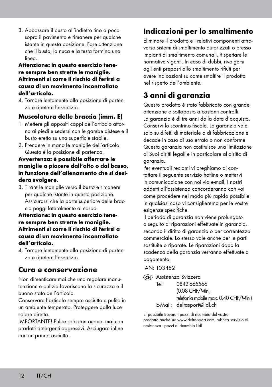 Indicazioni per lo smaltimento, 3 anni di garanzia, Cura e conservazione | Crivit ET-2008 User Manual | Page 12 / 16