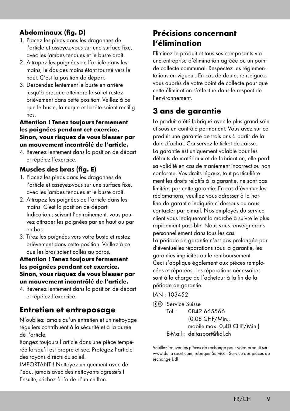 Précisions concernant l‘élimination, 3 ans de garantie, Entretien et entreposage | Crivit ET-2008 User Manual | Page 9 / 16
