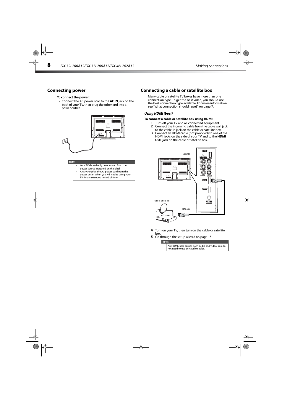 Connecting power, Connecting a cable or satellite box, Using hdmi (best) | Dynex DX-32L200A12 User Manual | Page 12 / 48